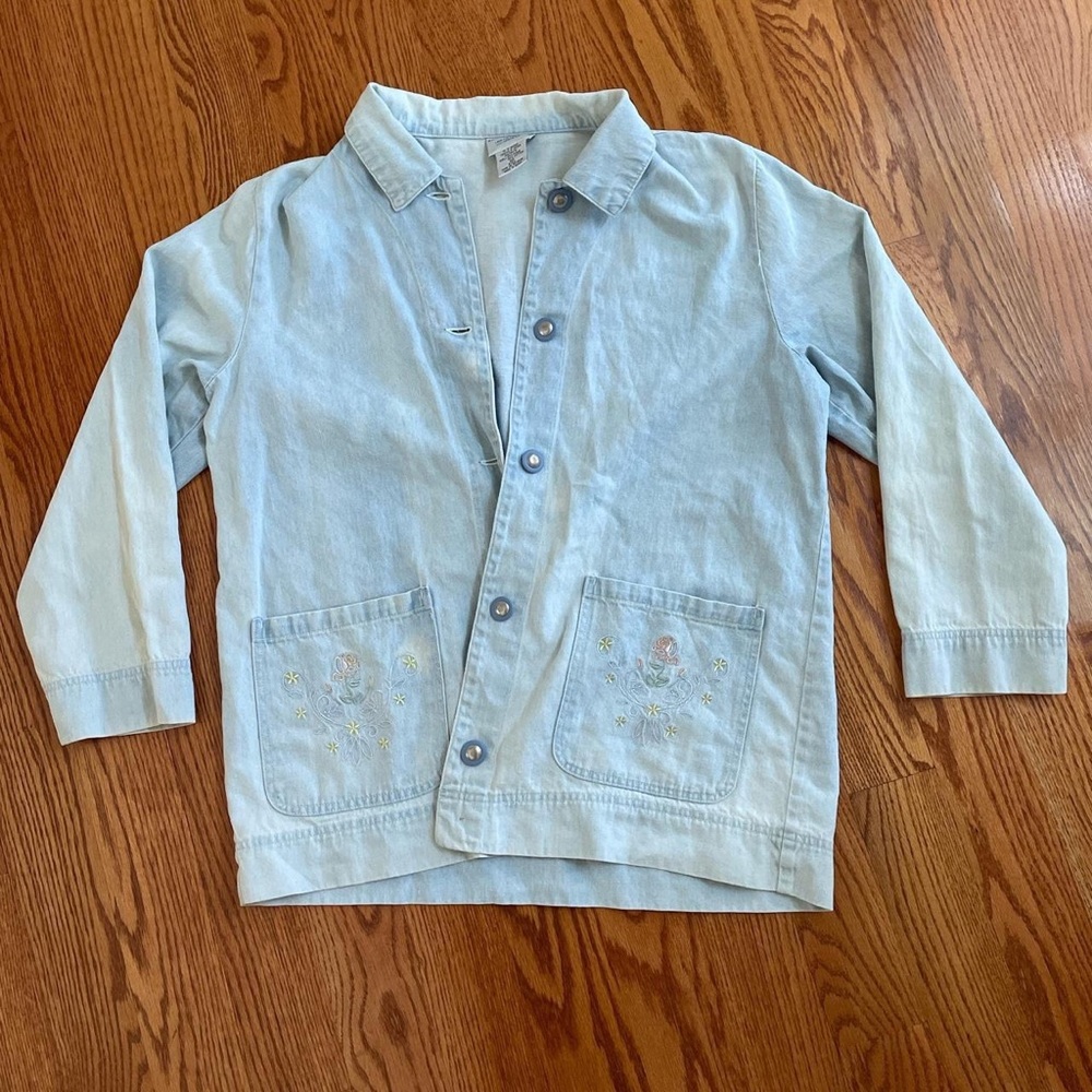 Vintage Light Wash Denim Jacket with Floral Pockets and Unique Buttons